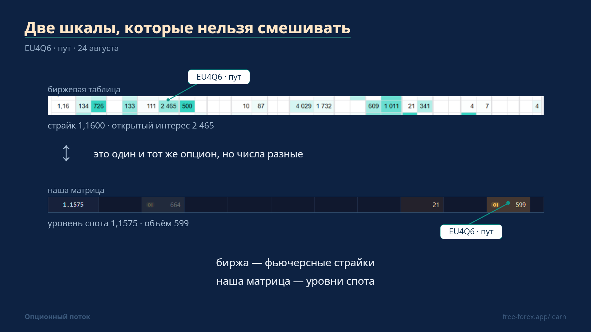 Один и тот же опцион: у биржи он на страйке 1,1600, в нашей матрице — на уровне 1,1575.